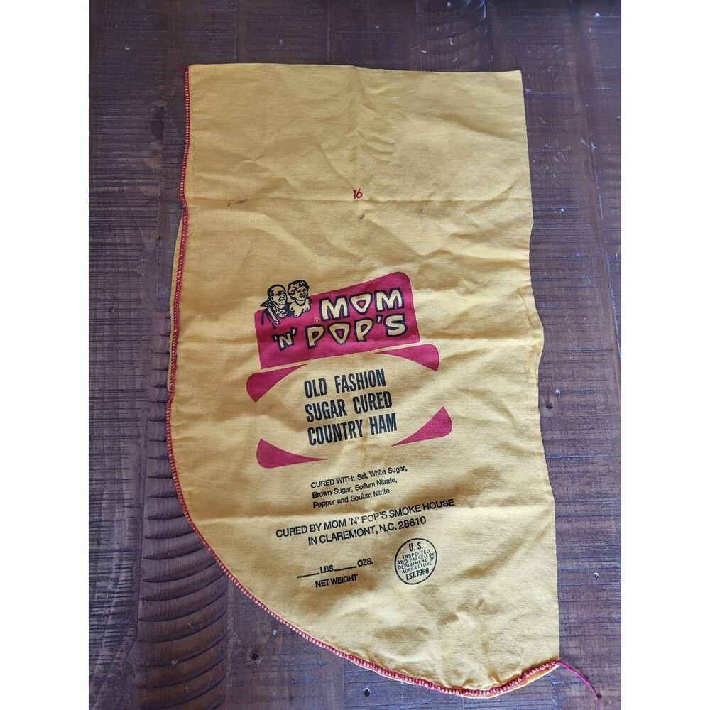 Vintage Yellow Cloth Bag Sack Mom 'N' Pop's Country Ham Claremont NC 23" x 13"